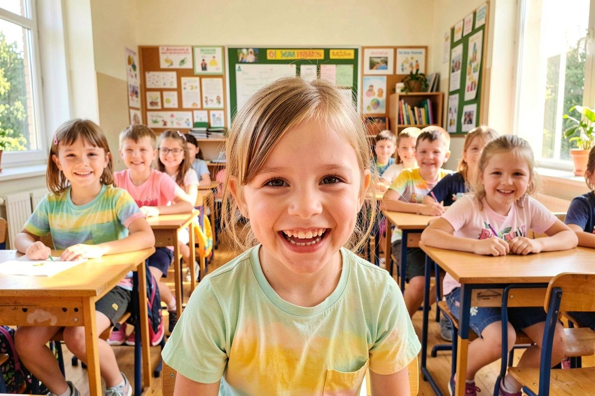 Foceni portretu zaku usmevave dite skolni trida